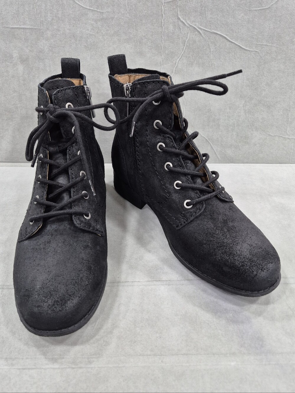 Earth Janel boots women's 8.5W black suede leather combat lace up side zip